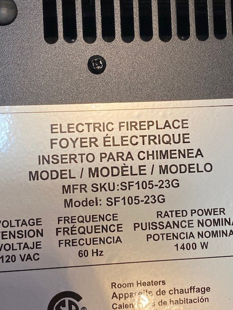 Electric 23" Fireplace Model SF105-23G | Y-JOC-C-1615 | 120 VAC 60 Hz 1400 W