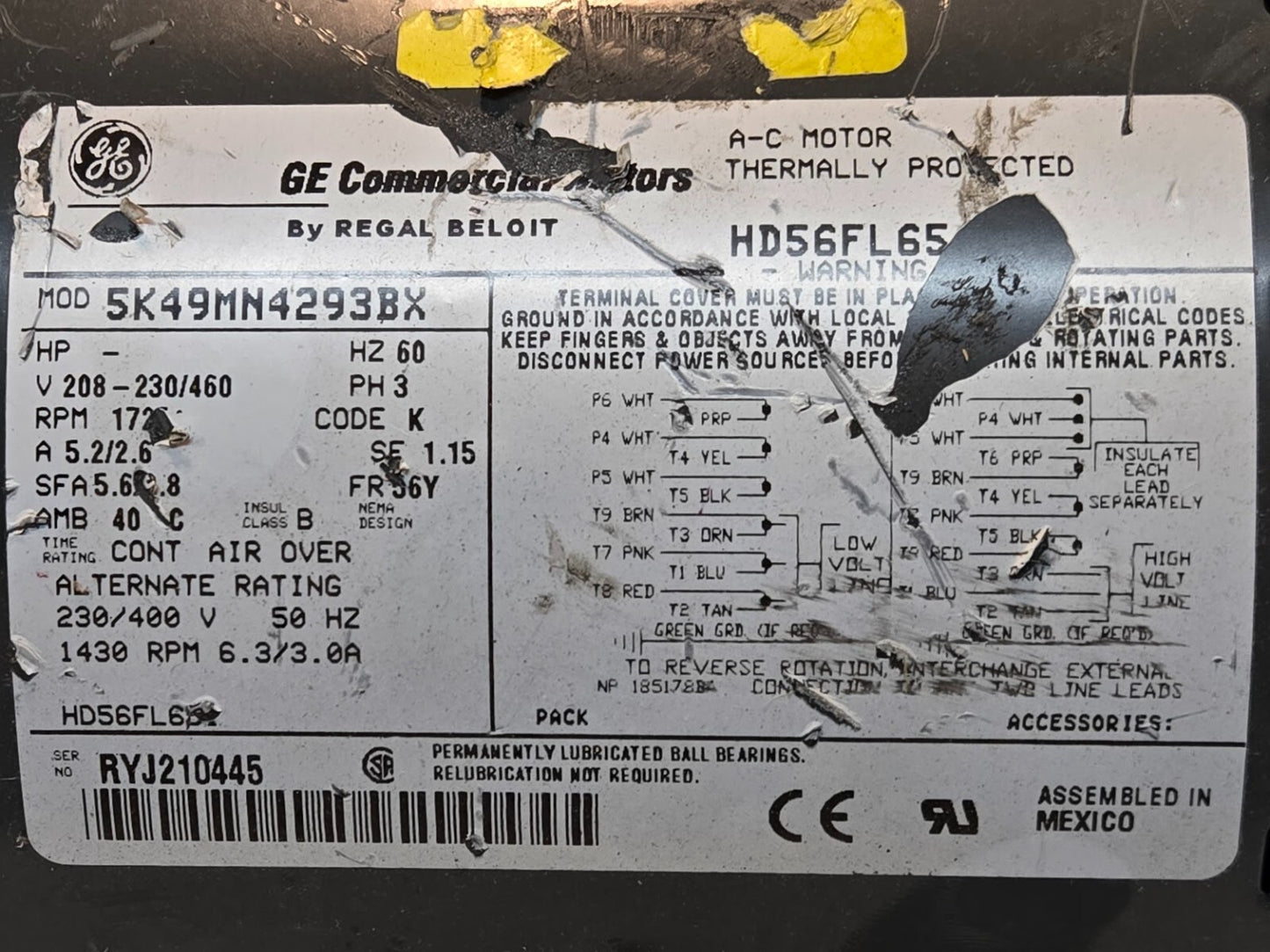 GE Commercial Motors 5K49MN4293BX Blower Motor HD56FL65 | 208-230 V 60 Hz 5.2 A