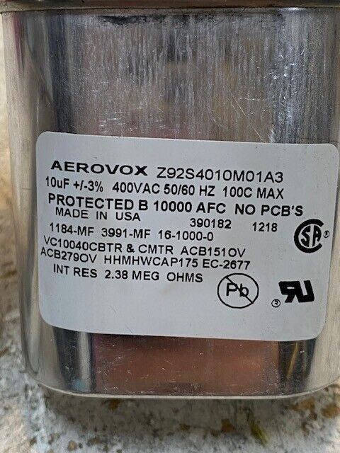 2 Quantity of Aerovox Capacitors Z92S4010M01A3 10uF 400VAC 50/60Hz (2 Quantity)