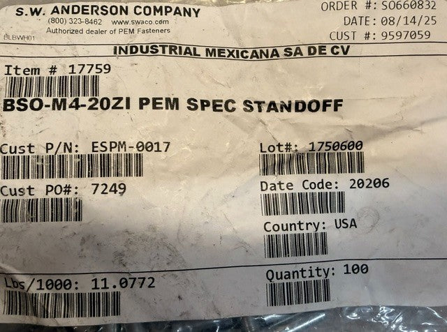 Bag Of 100 S.W. Anderson PEM Blind Threaded Self-Clinching Standoff BSO-M4-20ZI