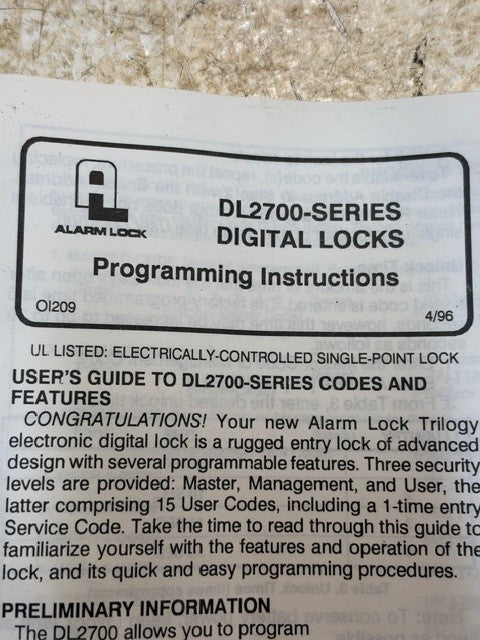 T2 Trilogy Digital Lock DL2700-Series Digital Locks w/ Programming Instructions