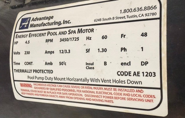 Advantage Manufacturing Energy Efficient Pool & Spa Motor AE1203 | 4.5 HP