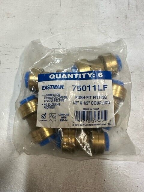 6 Pack of Eastman Push-Fit Fitting 1/2  x 1/2  Couplings 75011LF (QTY 6)