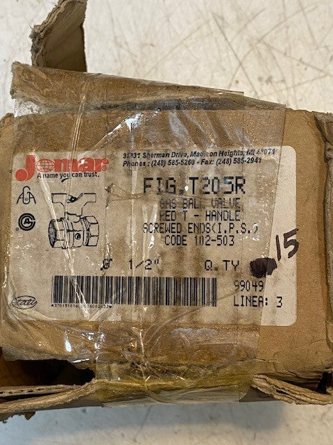 15 Quantity of Jomar Gas Ball Valves FIG-T205R 1/2" Red T-Handle (15 Quantity)