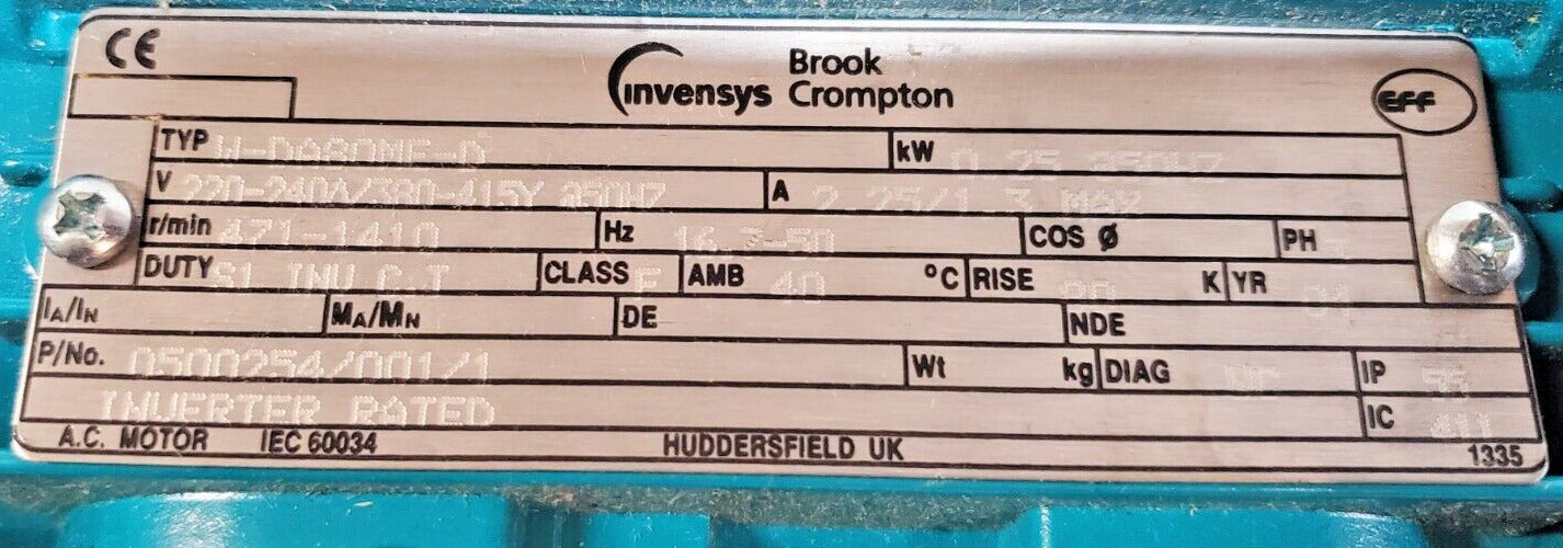 Invensys Brook Crompton Electric Motor WU-DA80MJ | 0500254/001/1 Damaged Plastic