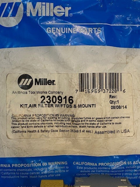 Miller 230916 Kit Air Filter w/ Fitting Mounting Bracket