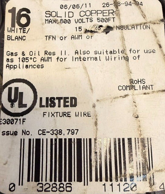 AWG 16 Solid Copper Fixture Wire TFN Or AWM Insullation 500ft E30071F