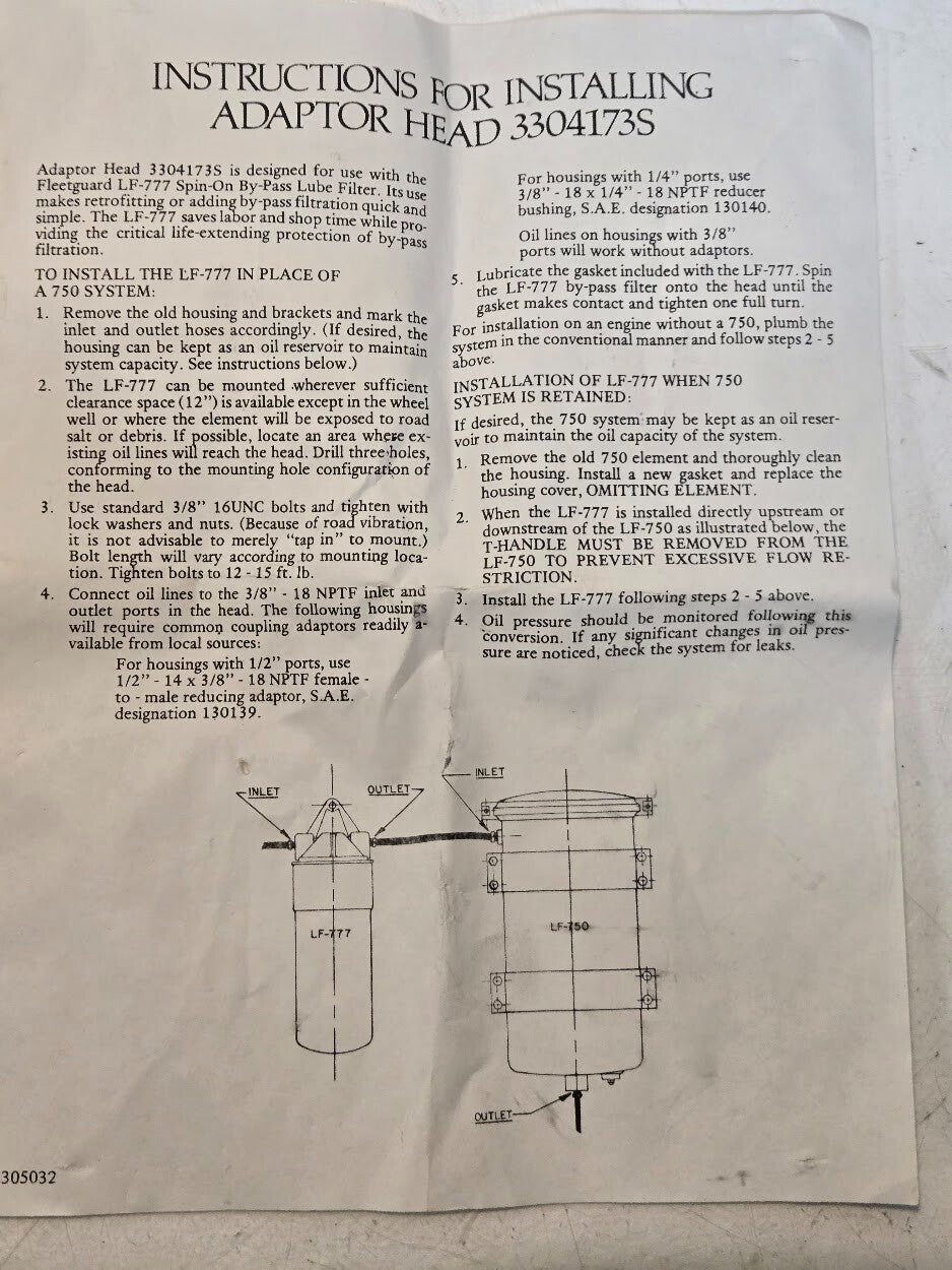 Fleetguard Adaptor Head 3304173S with Luber-Finer LFP-777PB Lube Filter