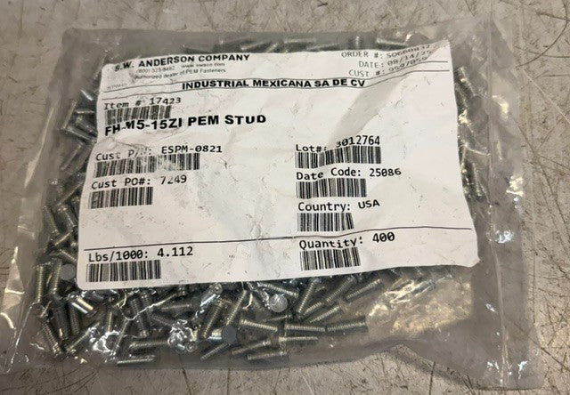 Bag Of 400 PEM Self-Clinching Threaded Studs S.W. Anderson Model FH-M5-15ZI