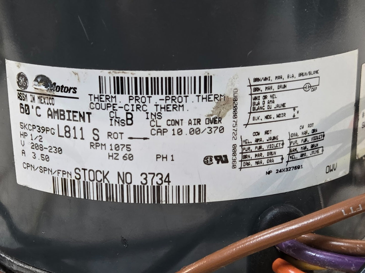 General Electric Motors 5KCP39PGL811S Condenser Motor 3734 | 1/2 HP 1075 RPM