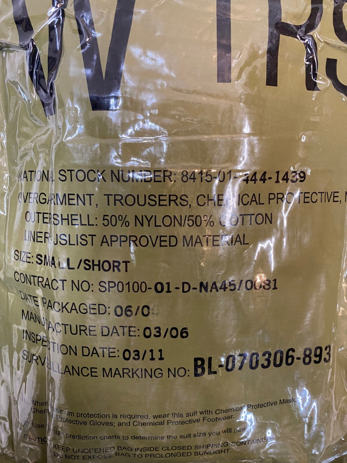 Military OverGarment Trousers Protective Small/Short 8415-01-444-1439