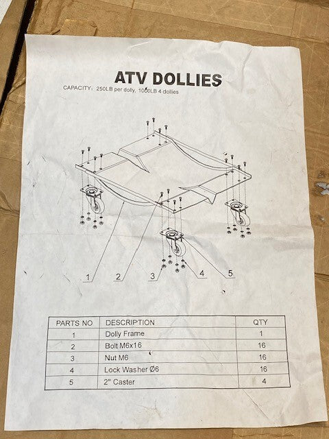 4 Qty of ATV Dollies Capacity 250lbs w/Four 2" Casters & Screwdriver (4 Qty)