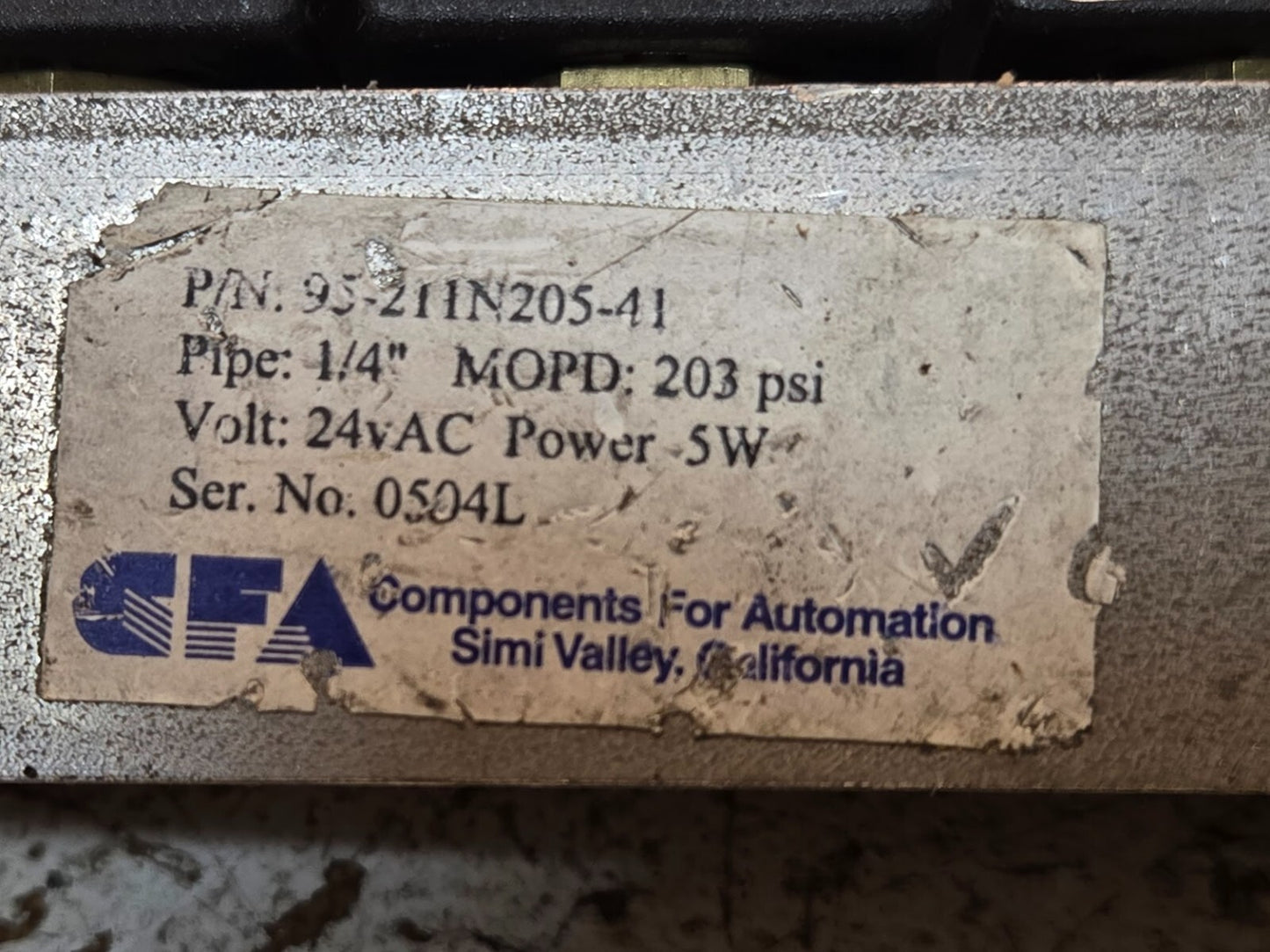 CFA Manifold Block and Solenoids 95-211N205-41 | 1/4" Pipe | 203 PSI | 24VAC 5W