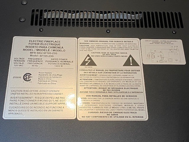 Electric 23" Fireplace Model SF105-23G | Y-JOC-C-1615 | 120 VAC 60 Hz 1400 W
