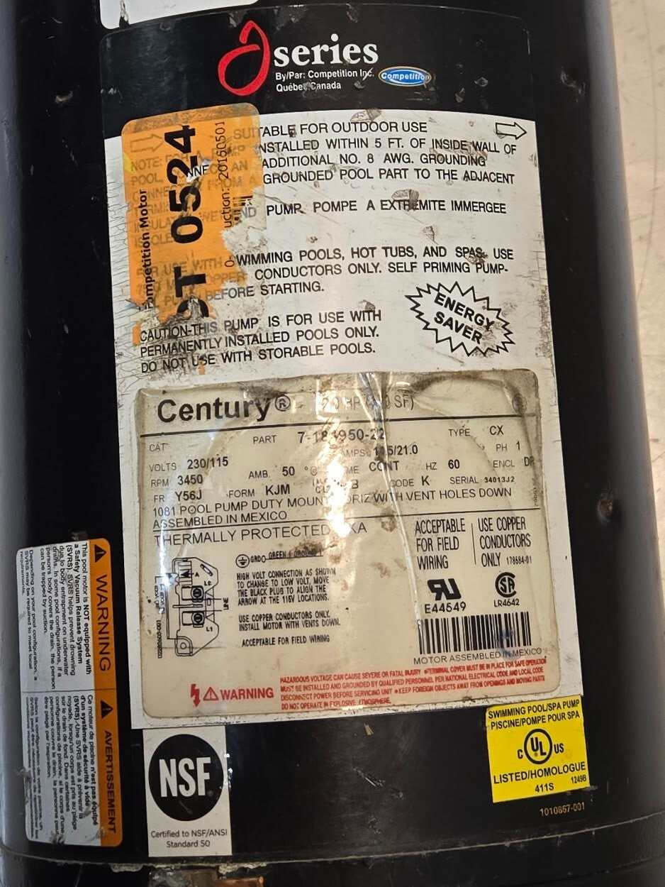Century Pool Pump Motor 2.0 HP 7-184950-22 | CX | 230/115 V 10.5/21.0 A 3450 RPM