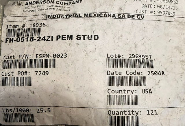 Bag Of 121 S.W. Anderson Zinc Plated FH-0518-24ZI PEM Studs Flat Tops