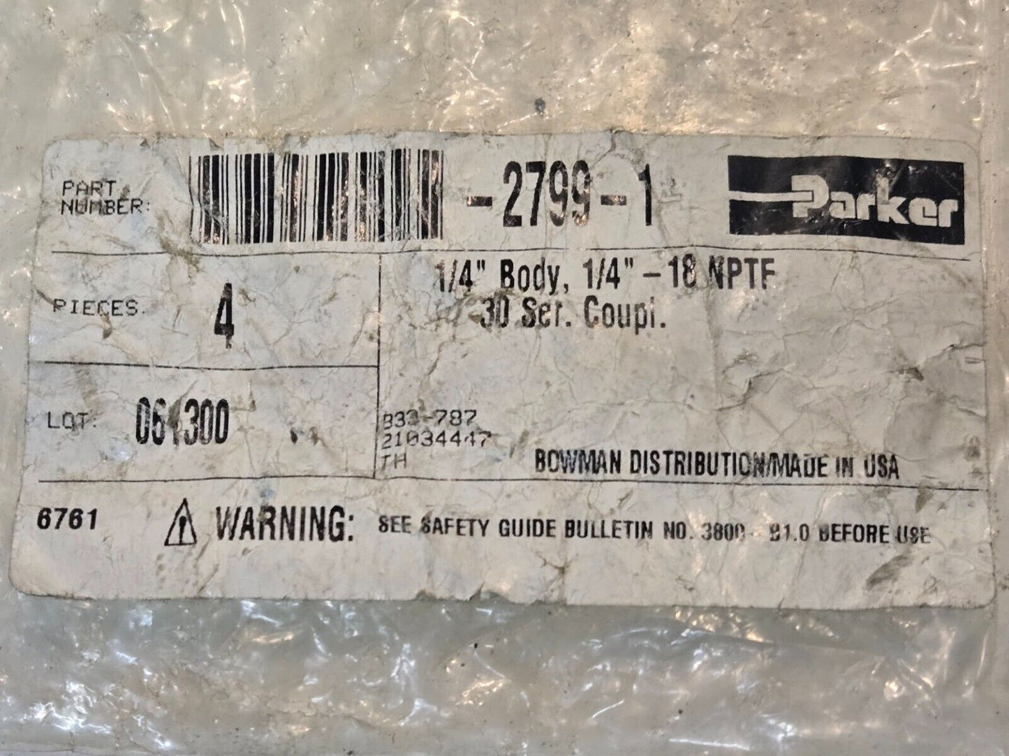 4 Quantity of Parker 30 Series B33 1/4" Quick Connector Couplings 2799-1 (4 Qty)