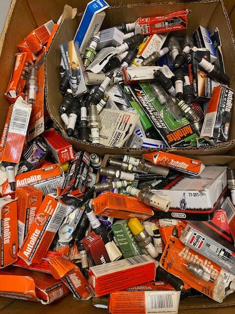 50lb Box of a Variety of Laser, Autolite, Bosch, SpitFire, Mopar Spark Plugs
