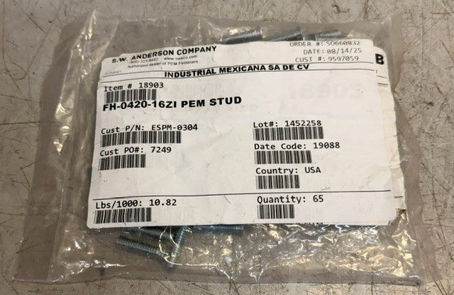 Bag Of 65 S.W. Anderson PEM Self- Clinching Flush-Headed Studs FH-0420-16ZI