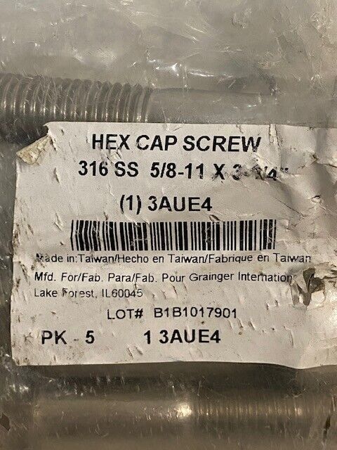 3AUE4 | 10-Pack Hex Cap Screws 316 SS 5/8-11x3-1/4"