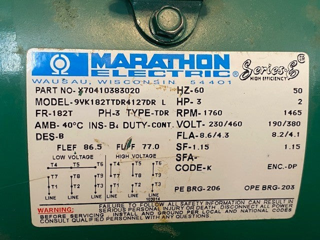 Marathon Electric General Purpose Motor X70410383020 Model 9VK182TTDR4127DR