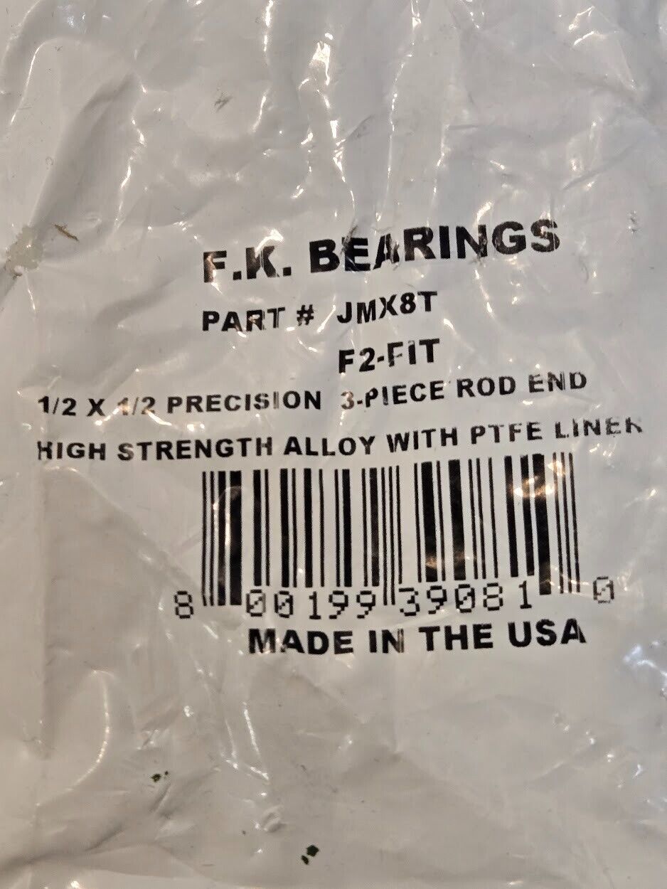 4 Quantity of F.K. Bearings JMX8T F2-Fit 1/2"x1/2" Precision Rod Ends (4 Qty)