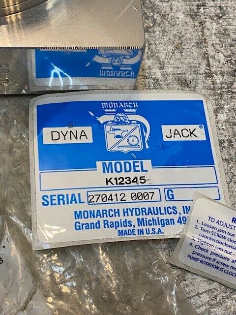 Monarch Dyna Jack Hydraulic Relief Valve Model K12345 Serial 2704120007