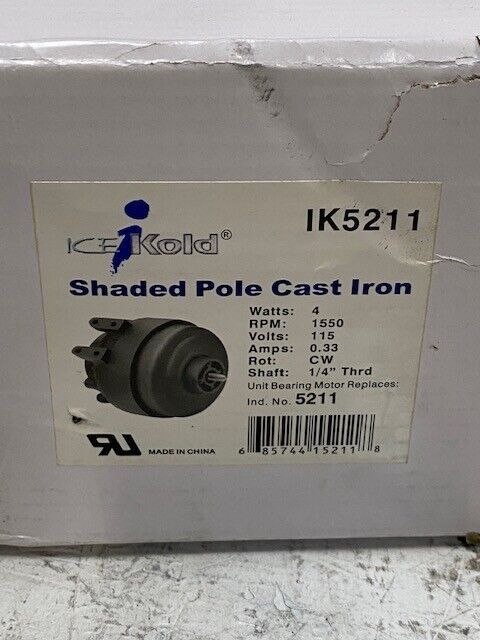 Ice Kold IK5211 Shaded Pole Cast Iron 115V 4W 1550RPM 1/4" Thrd Shaft .33AMPS