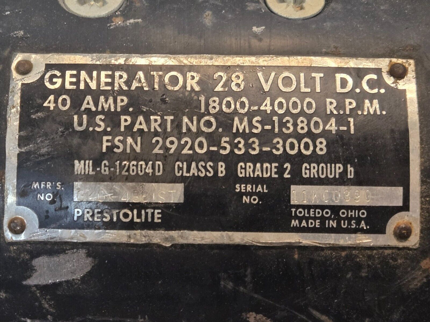 Prestolite Generator 28 Volt DC 40 Amp MS-13804-1 | 2920-533-3008 | MIL-G-12604D