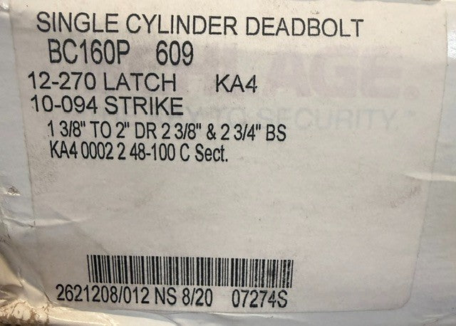 Schlage BC160P Single Cylinder Dealbolt Replacement Kit With Keys Lock Hardware