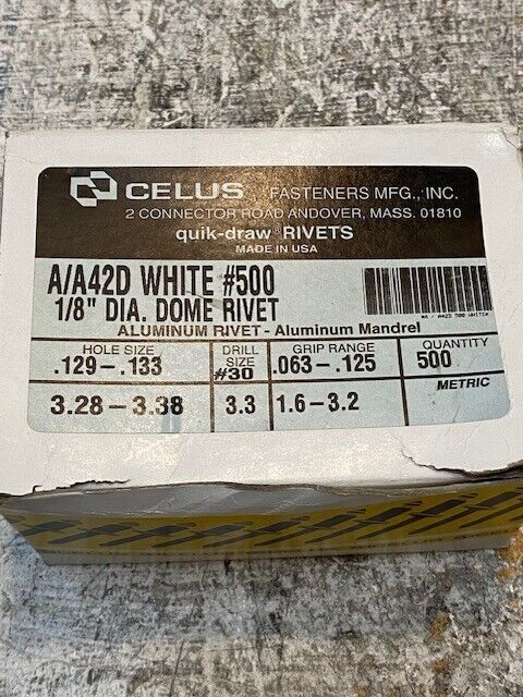 500 Qty of Celus Fasteners A/A42D White #500 1/8" Dia. Dome Rivets (500 Qty)