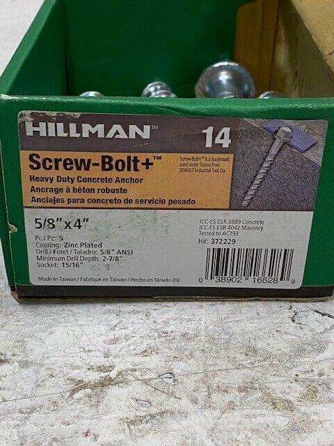 5 Quantity of Hillman Screw Bolts 5/8"x4" 372229 (5 Quantity)