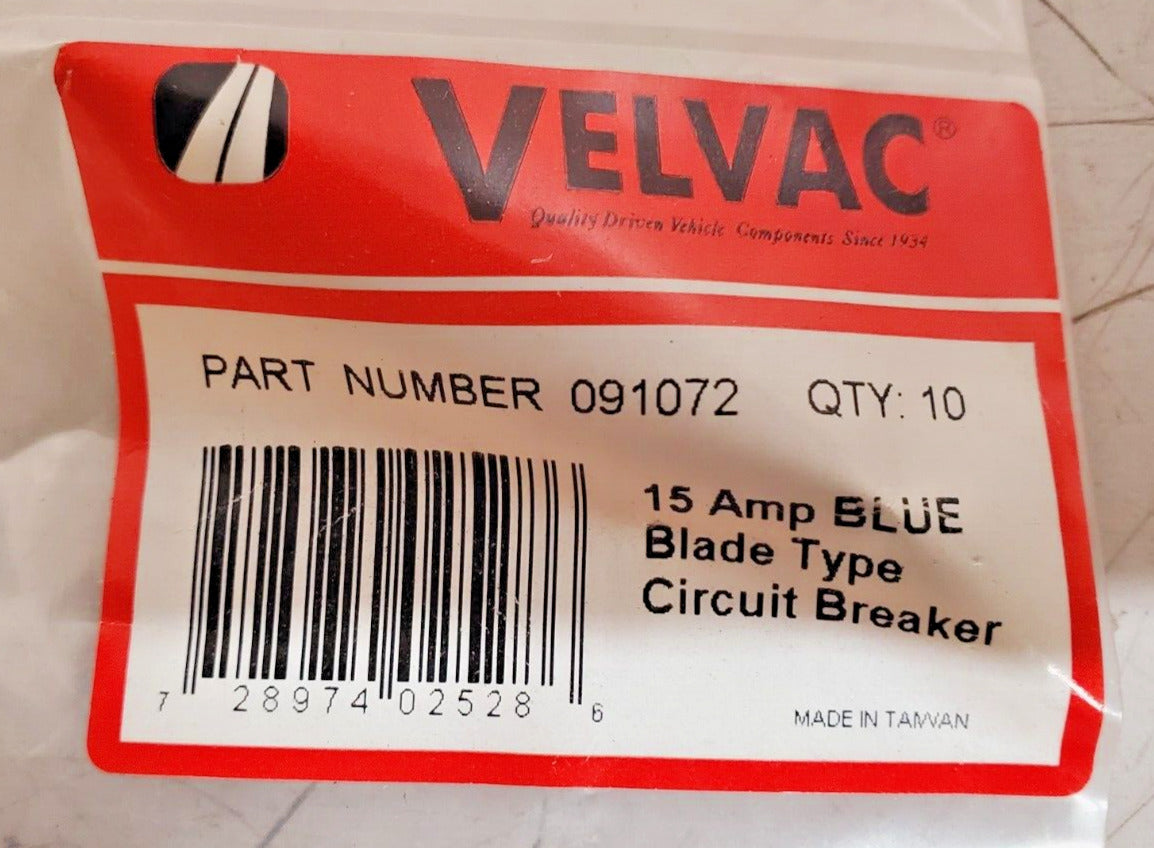 10 Quantity of Velvac Blue Blade Circuit Breakers | 12 V 15 Amp  091072 (10 Qty)