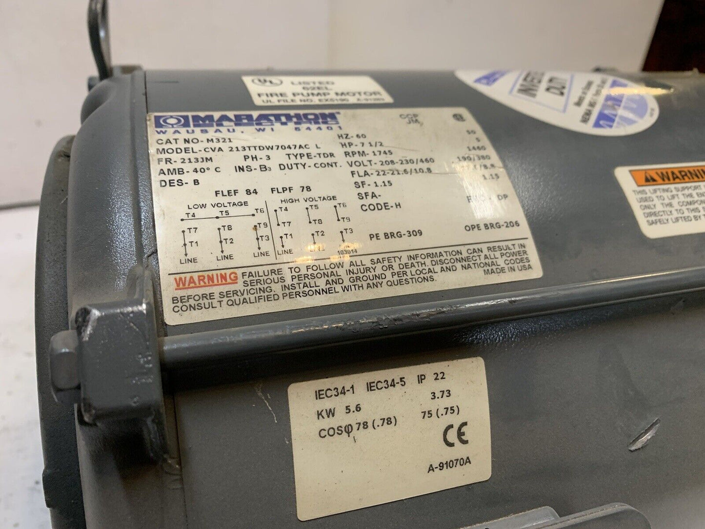 Marathon Electric M321 213TTDW7047 | 7-1/2hp 1745rpm 280-230/460V PH-3 FR-213JM