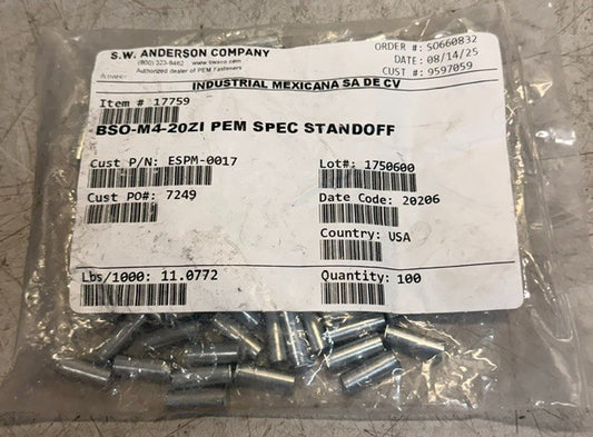 Bag Of 100 S.W. Anderson PEM Blind Threaded Self-Clinching Standoff BSO-M4-20ZI