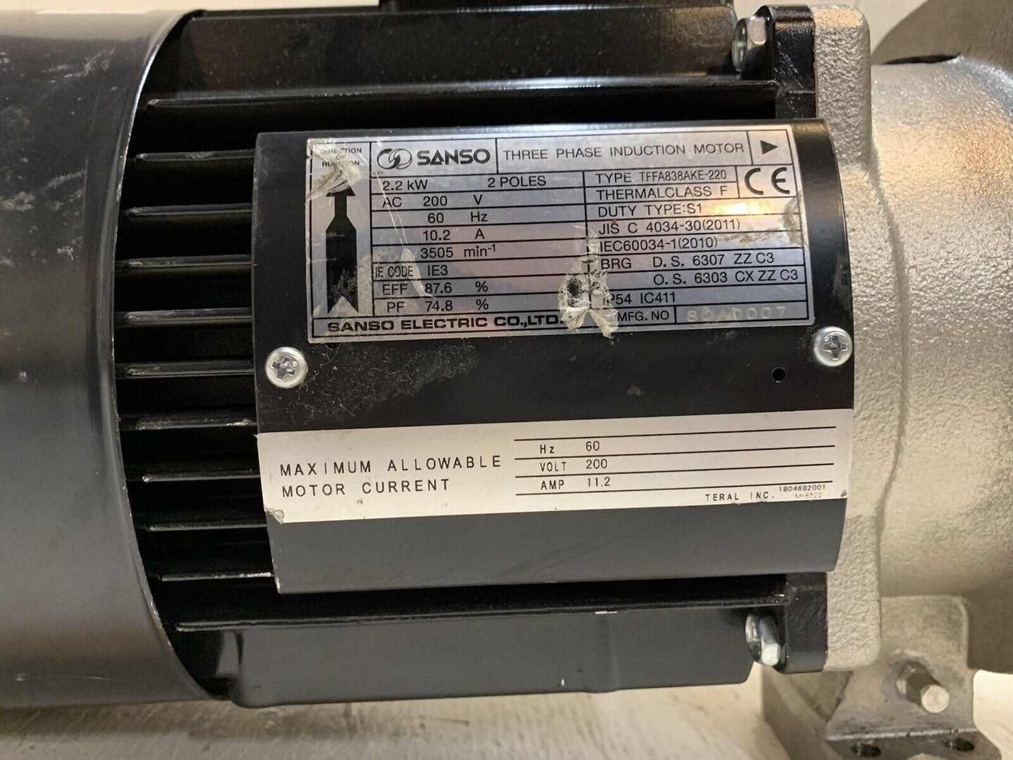 SANSO TFFA838AKE-220 2.2KW TERAL 3 PHASE COOLANT PUMP INDUCTION MOTOR - DAMAGED