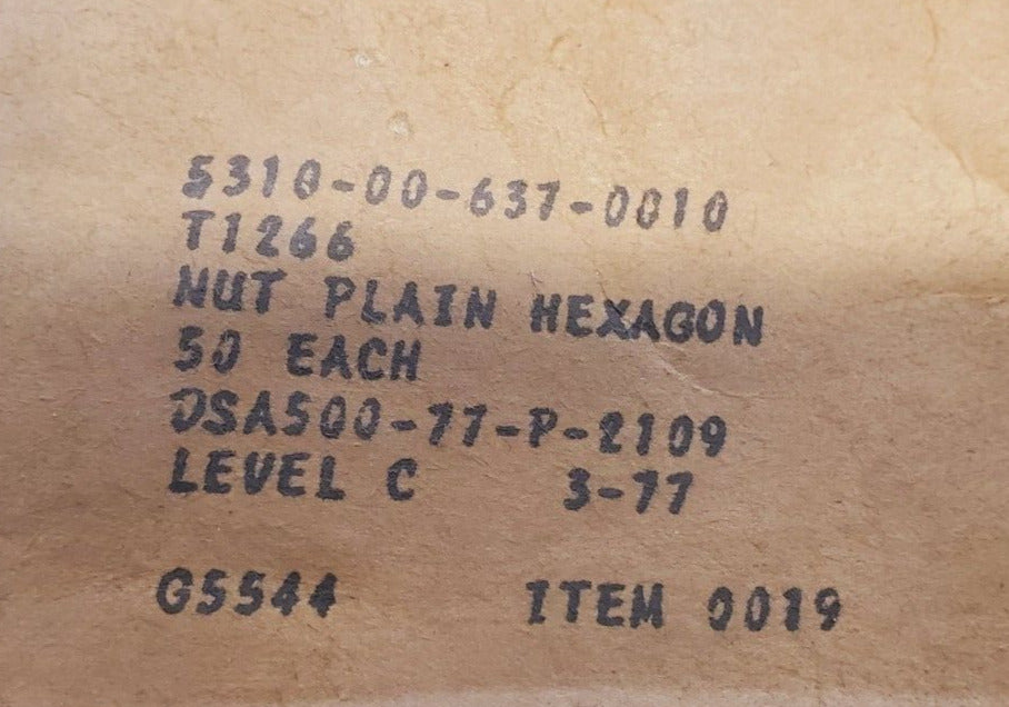 50 Quantity of Nuts Plain Hexagon 5310-00-637-0010 | DSA500-77-P-2109 (50 Qty)