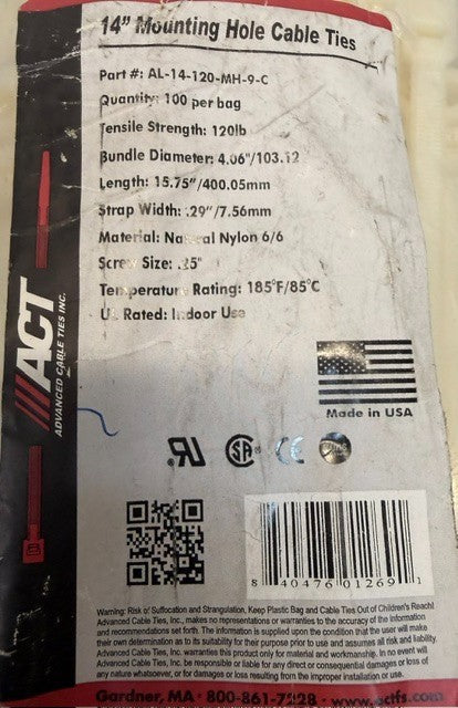 2 Quantity Bag Of 100 ACT 14" Mounting Hole Cable Ties AL-14-1220-MH-9-C