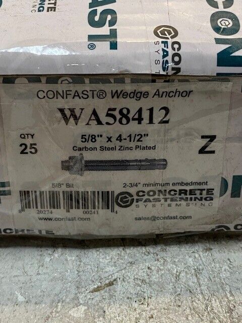 25 Quantity of Confast Wedge Anchors WA58412 5/8" x 4-1/2" (25 Quantity)