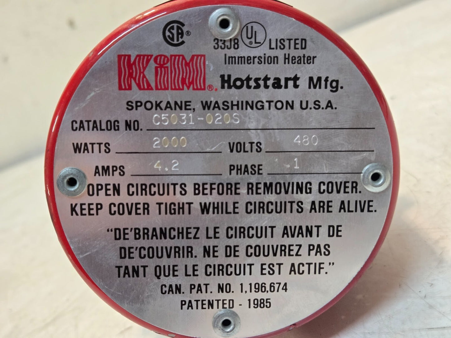 Kim Hotstart Immersion Heater C5031-020S | 2000 Watt | 480 Volt | 4.2 Amp