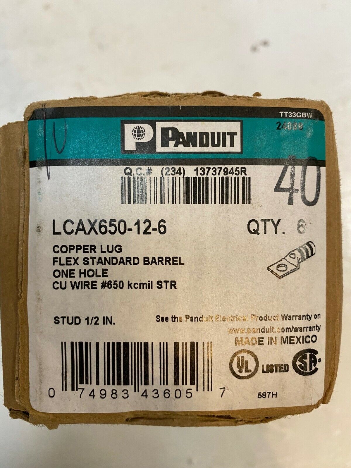 6 Panduit LCAX650-12-6 Copper Lugs (Qty: 6) Flex Standard Barrel One Hole