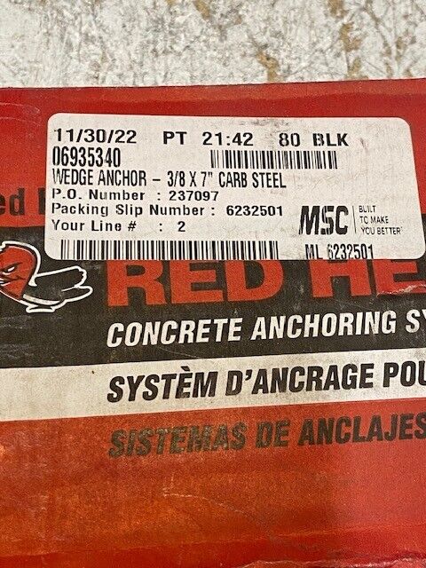 80 Qty of Red Head 06935340 Wedge Anchors 3/8 x 7" Carb Steel WS-3870 (80 Qty)