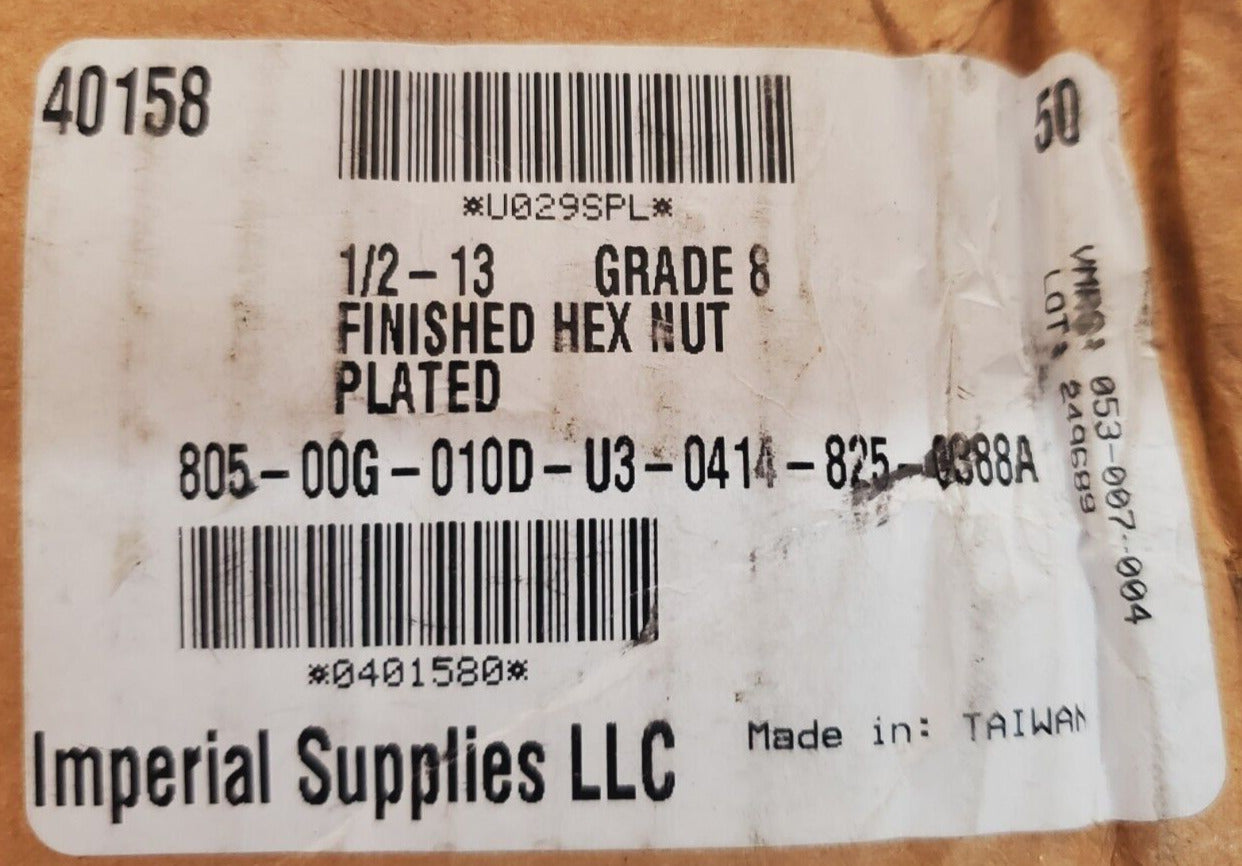 50 Qty. of Imperial Supplies 1/2-13 Grade 8 Finished Hex Nut 40158 (50 Qty)