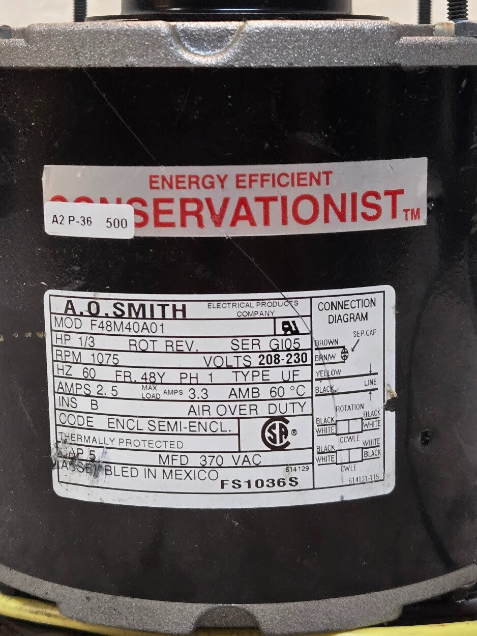 A.O. Smith Condenser Fan Motor FS1036S | F48M40A01 | 1/3 HP 1075 RPM | 208-230 V