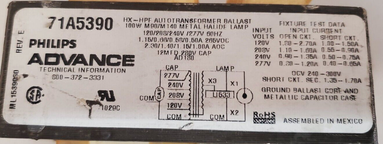 Philips Advance Ballast Metal Halide Lamp Kit 71A5390 | LI533H4 | 100W