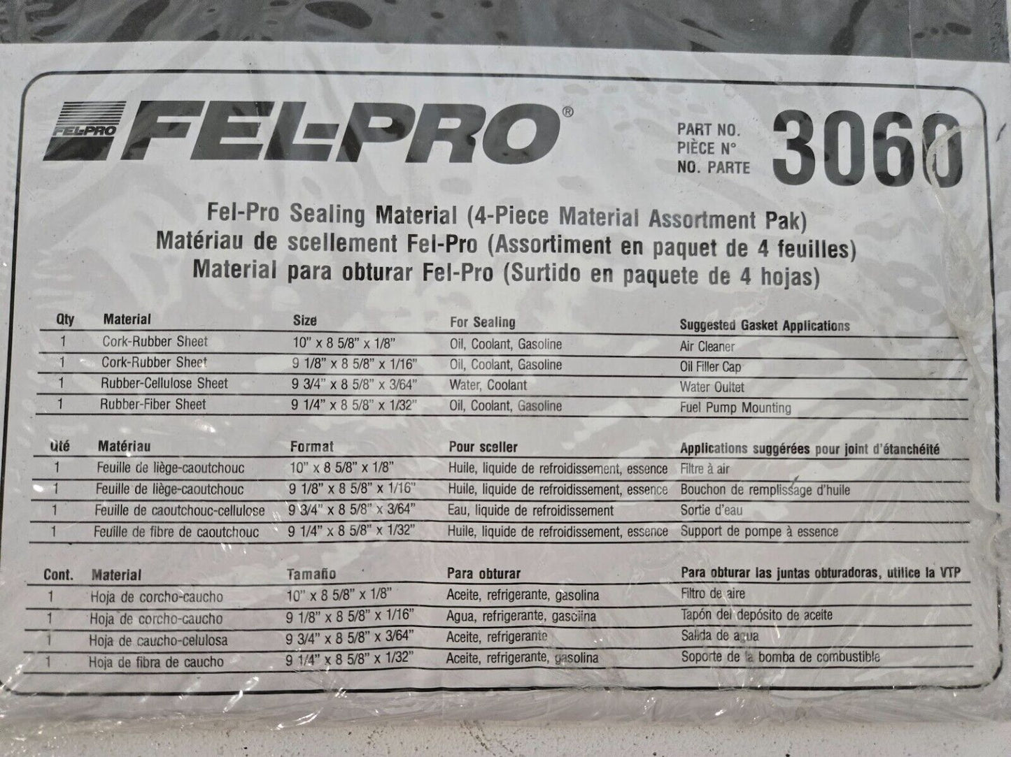 4 Quantity of Fel-Pro Sealing Materials 3060 | 017-4999-2 | 084113855702 (4 Qty)