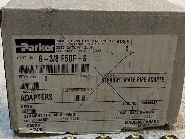 5 Quantity of Parker Straight Male Pipe Adapters 6-3/8F50F-S (5 Quantity)