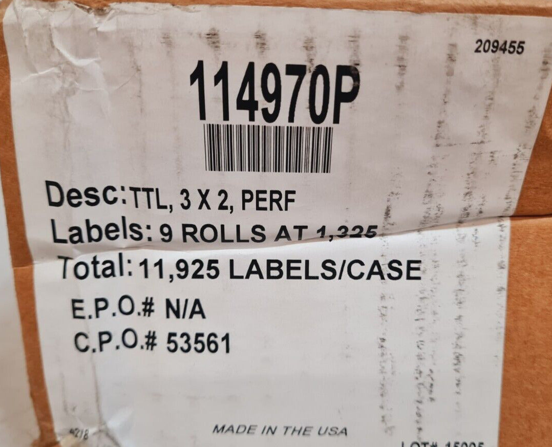 9 Qty. of 1,325 Thermal Labels / Case 114970P | TTL 3x2 PERF | 209455 (9 Qty)