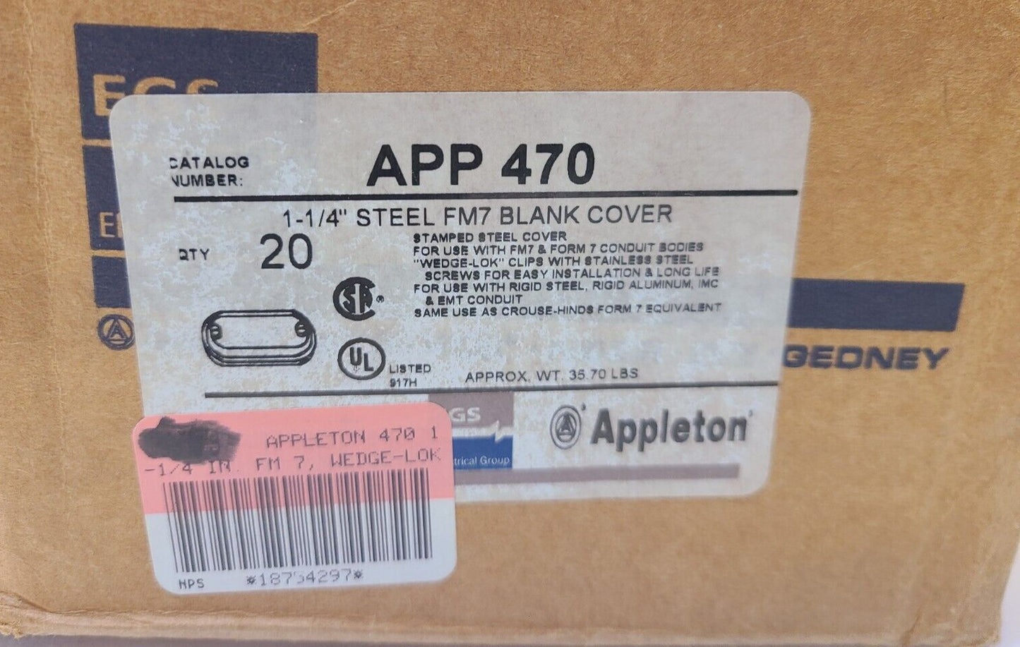 20 Quantity of EGS Appleton 1-1/4" Steel FM7 Blank Covers APP 470 (20 Qty)