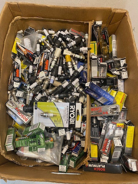 50lb Box of a Variety of Laser, Autolite, Bosch, AC Delco, Motocraft Spark Plugs